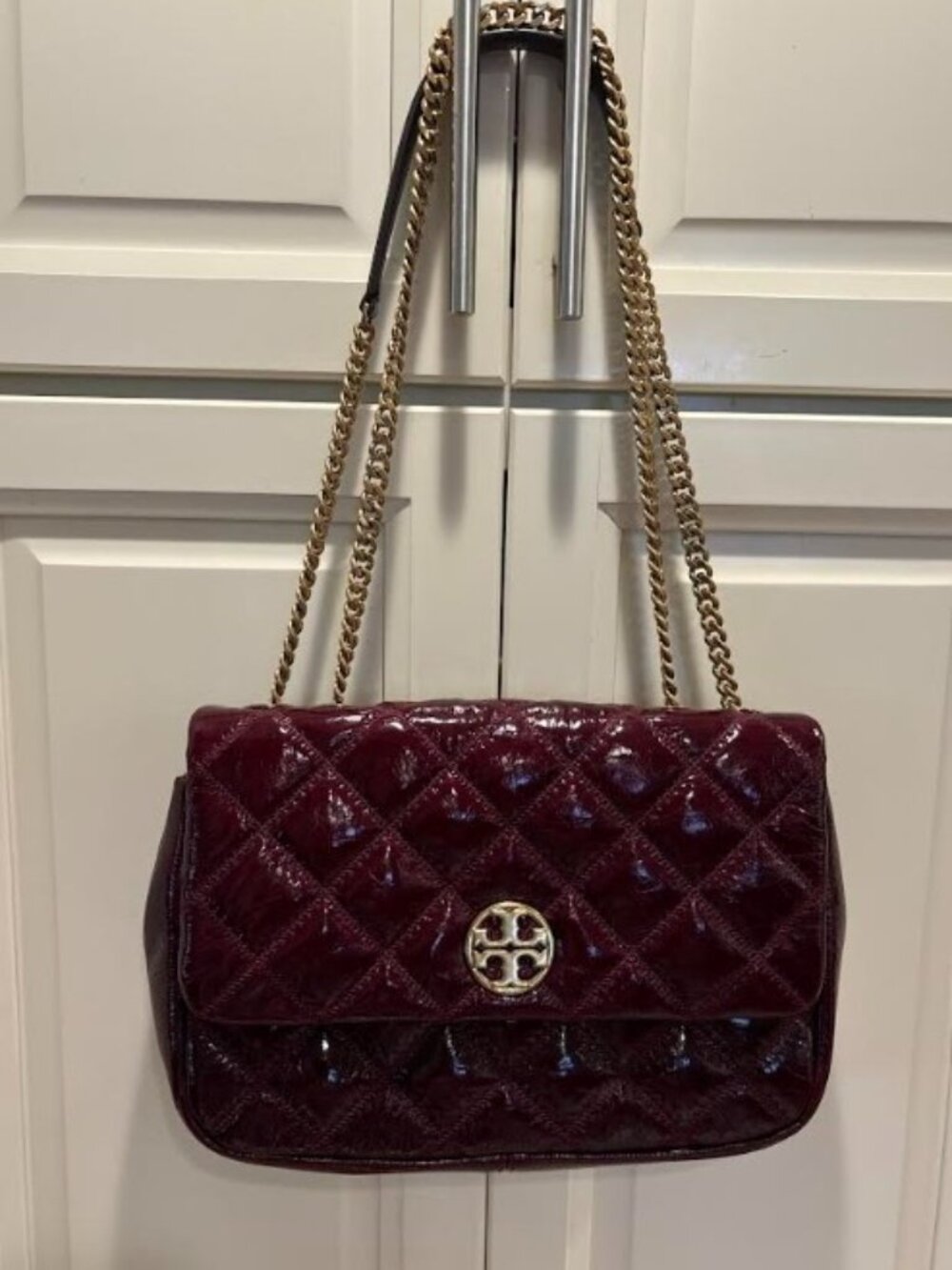 Tory Burch Burgundy Leather Quilted Chain Shoulder Bag